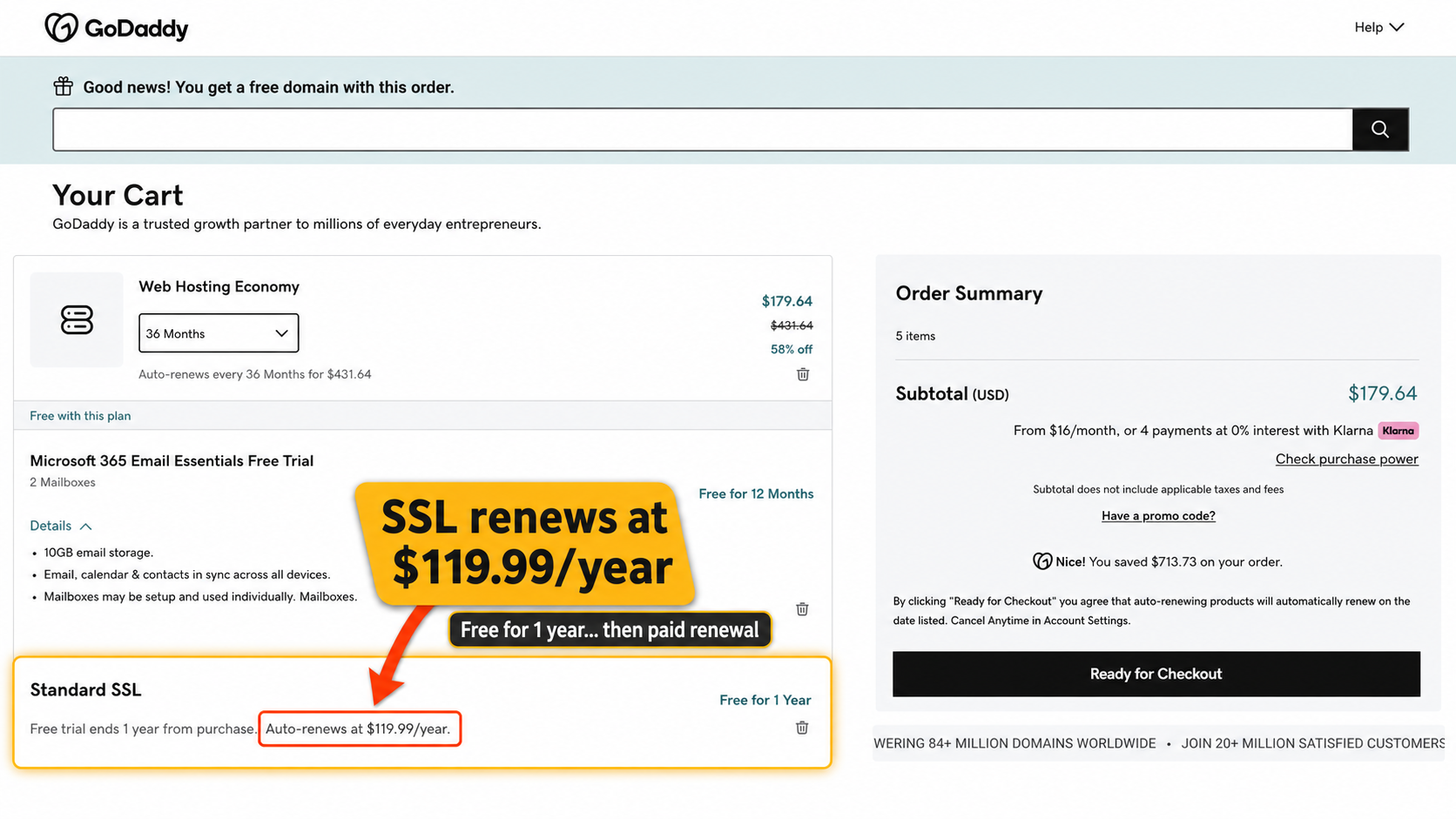GoDaddy cart showing SSL renews at $119.99 per year after the first free year