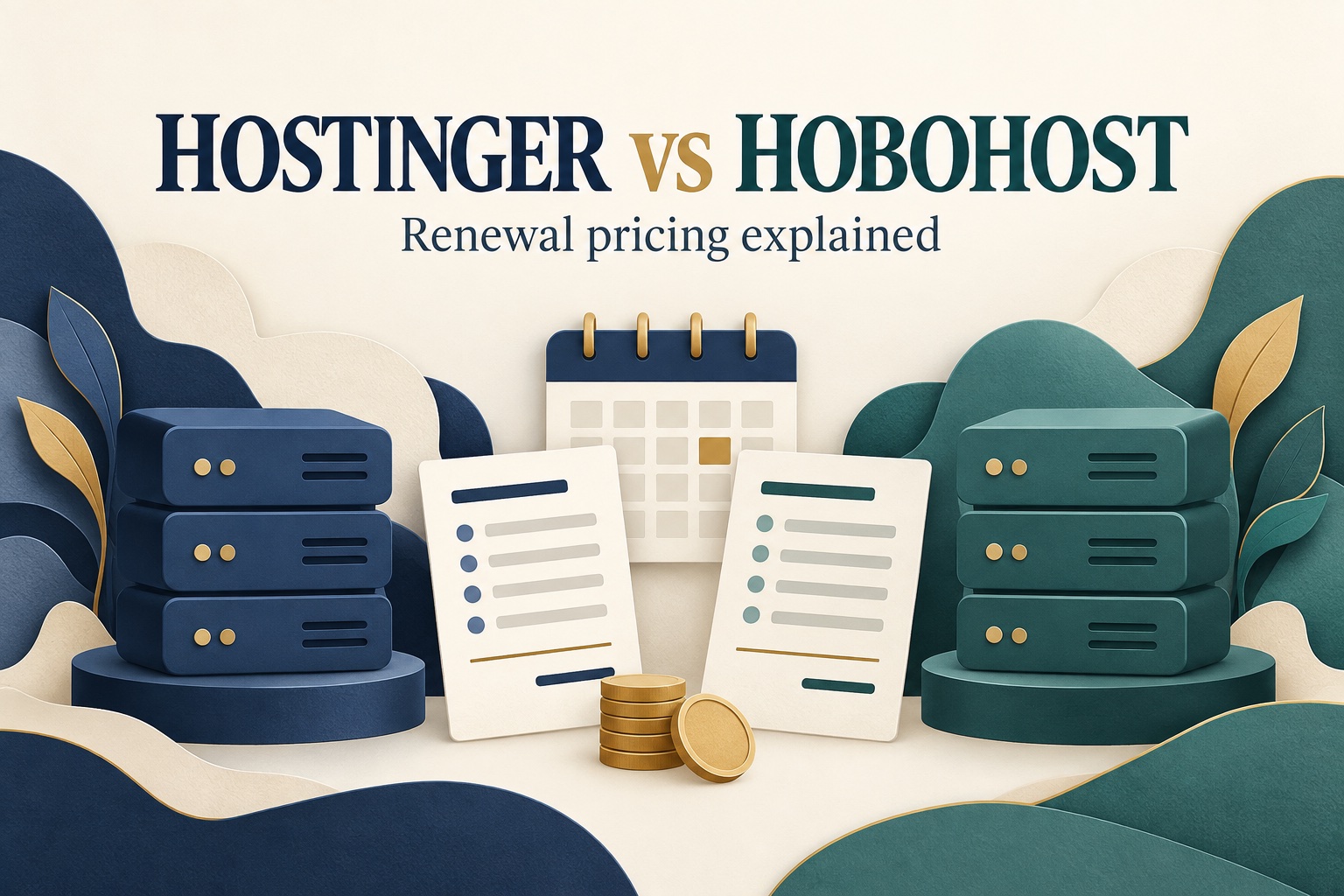 Hostinger and HoboHost renewal pricing illustration with two server stacks, billing sheets, and a calendar.