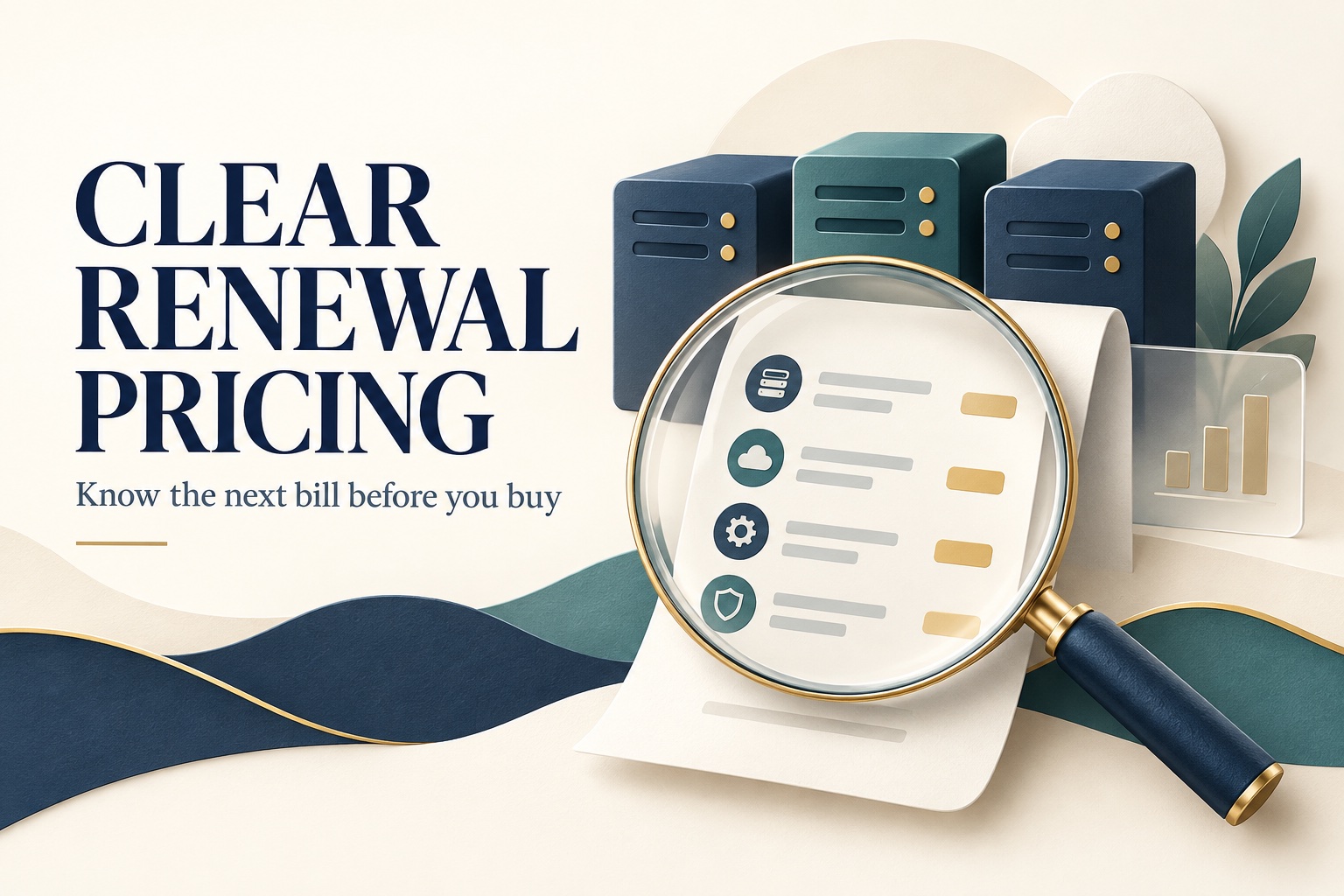 Magnifying glass over an itemized hosting bill illustrating clear renewal pricing.