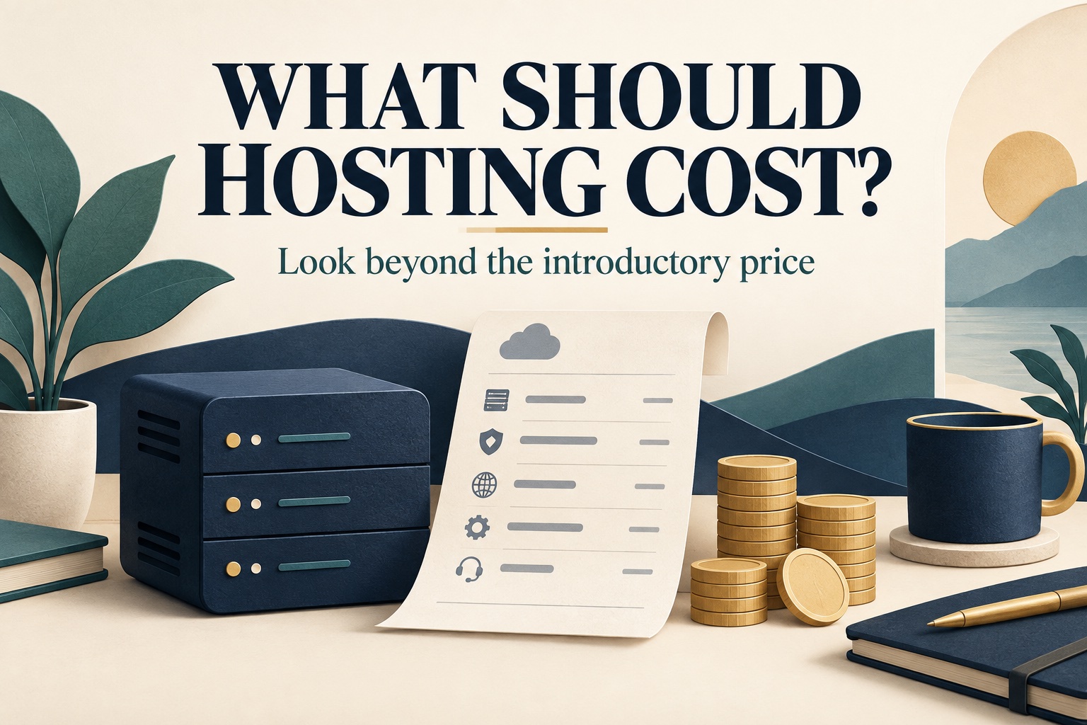 Web hosting budget illustrated with a server, itemized bill, and coins.