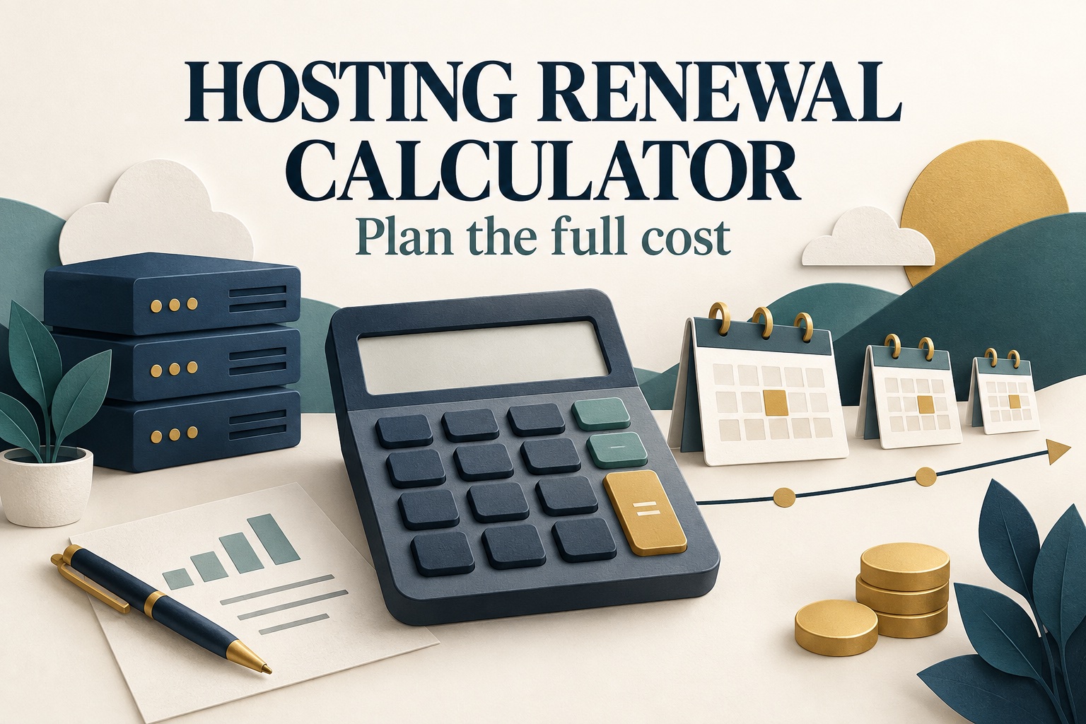 Hosting renewal calculator with a server and calendar timeline for planning future costs.