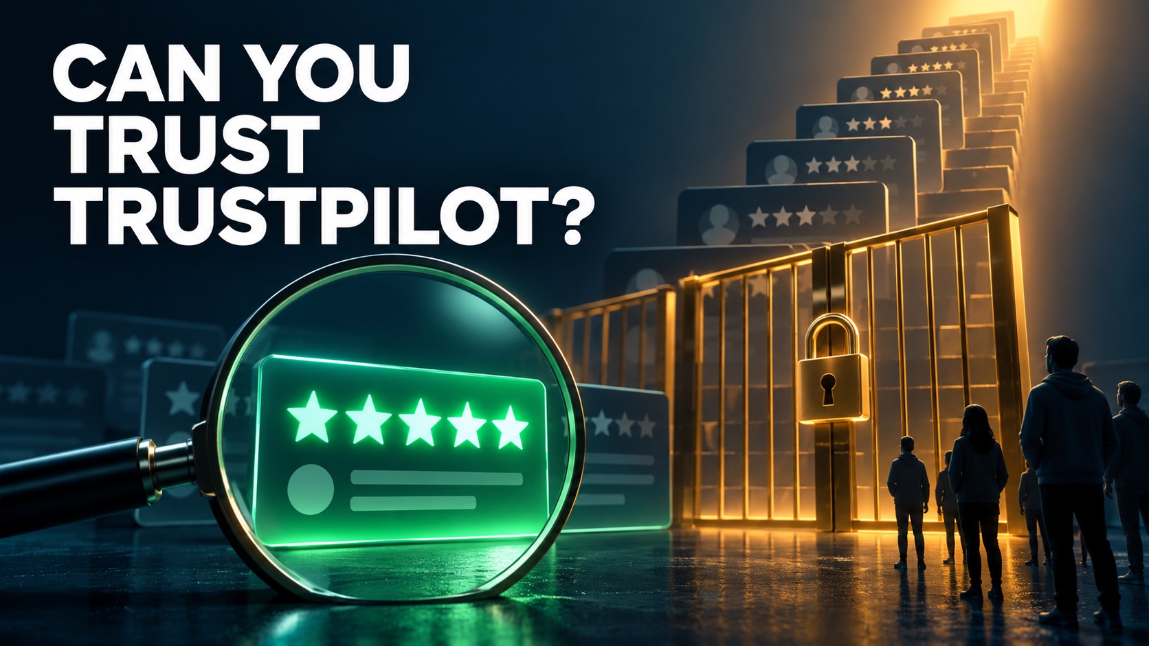 Can you trust Trustpilot? Conceptual illustration of a magnifying glass over five stars beside a locked gate and rising review cards.